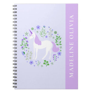 Cute Unicorn Flowers Purple Personalised Name Notebook