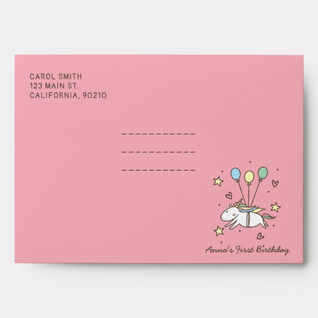 Cute Unicorn Flying on Balloons Birthday Envelopes (Front)