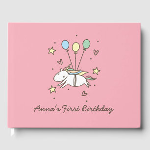 Cute Unicorn Flying on Balloons Birthday Guest Book