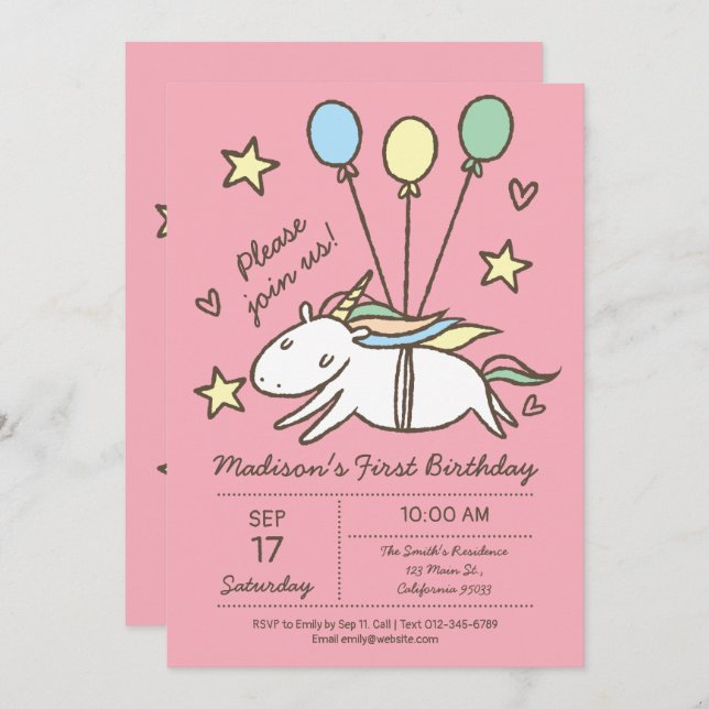 Cute Unicorn Flying on Balloons Birthday Invitation (Front/Back)