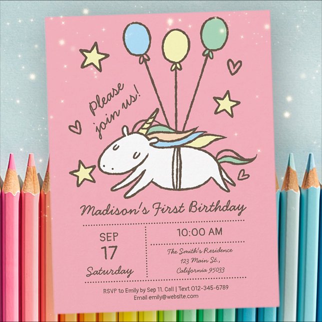 Cute Unicorn Flying on Balloons Birthday Postcard (Creator Uploaded)
