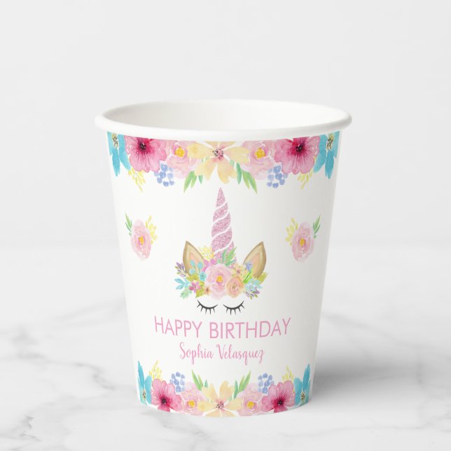 Cute Unicorn Girl Birthday Party Floral Magical  Paper Cups (Front)