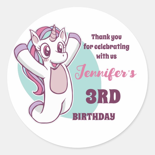 Cute Unicorn Girl Kids Birthday Party Favour Classic Round Sticker (Front)