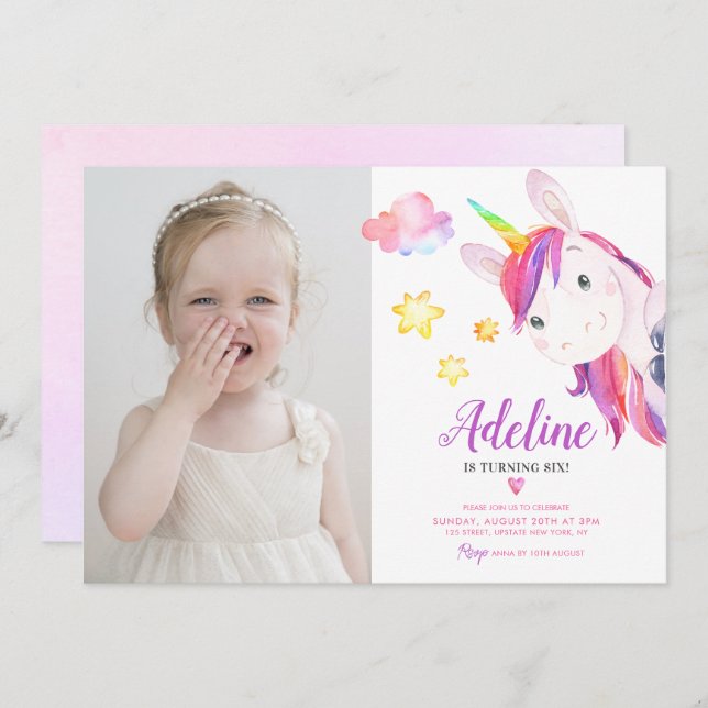 Cute Unicorn Girl Magical Birthday Rainbow Photo  Invitation (Front/Back)