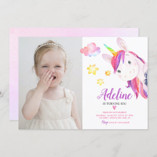 Cute Unicorn Girl Magical Birthday Rainbow Photo  Invitation
