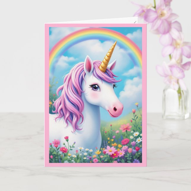 Cute Unicorn Girl' Rainbow Birthday Card (Orchid)