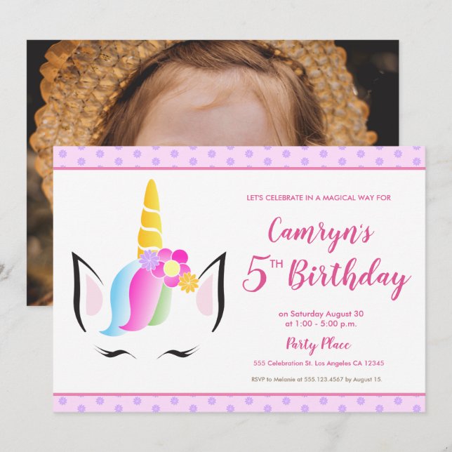 Cute Unicorn Girl's 5th birthday Party photo Invitation (Front/Back)