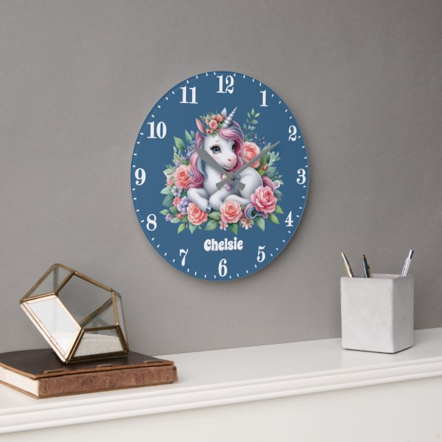 Cute unicorn girls add name large clock (Office)