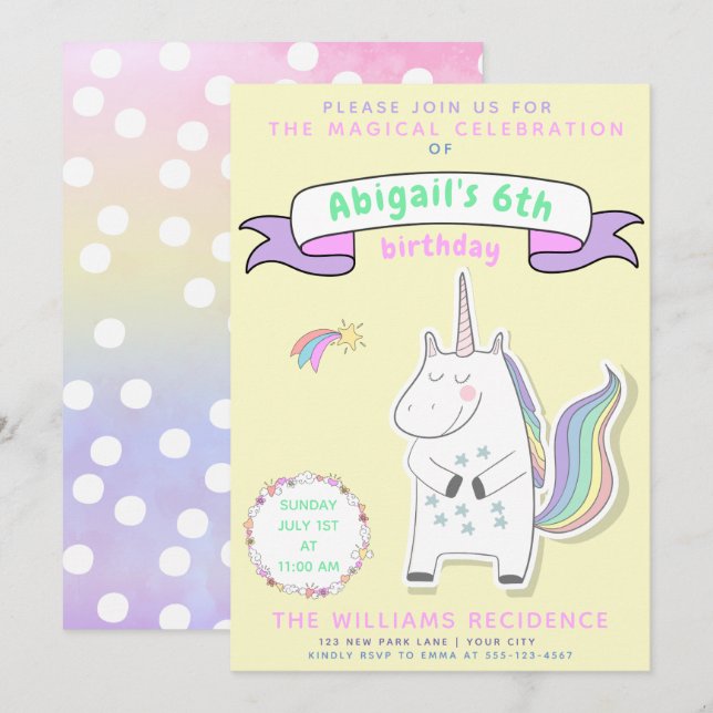 Cute Unicorn | Girls Birthday Party Invitation (Front/Back)