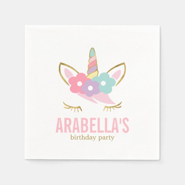 Cute Unicorn Girls Birthday Party Napkin (Front)