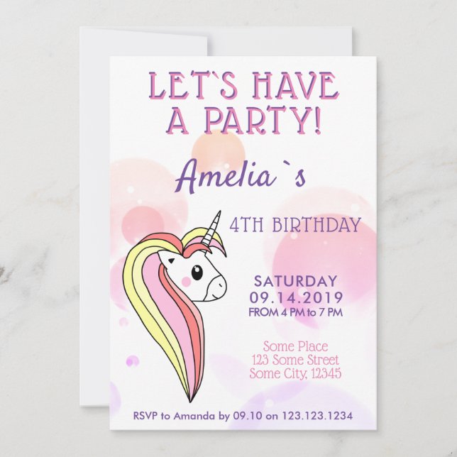 Cute Unicorn Girly Kids Birthday Invitation (Front)