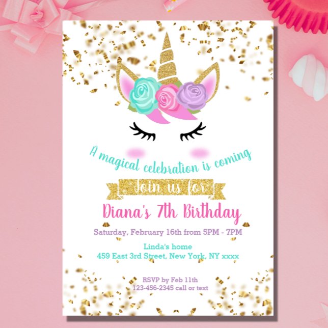 Cute Unicorn Gold Glitter Girl's Magical Birthday Invitation (Unicorn Girl birthday invitations made by Creative Design)