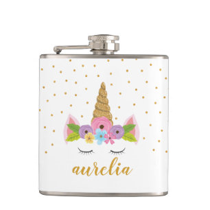Cute Unicorn Gold Glitter Girly Custom Name Flask