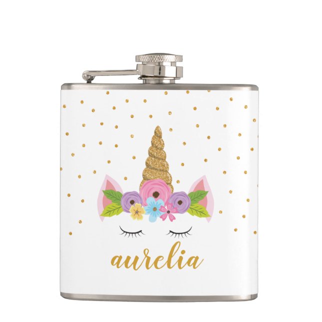 Cute Unicorn Gold Glitter Girly Custom Name Flask (Front)