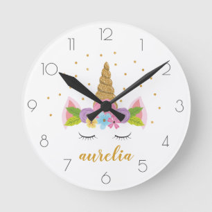 Cute Unicorn Gold Glitter Girly Custom Name Round Round Clock