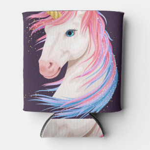 Cute unicorn, golden horn illustration. can cooler