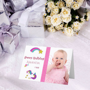 Cute unicorn happy 1st magical birthday with photo card