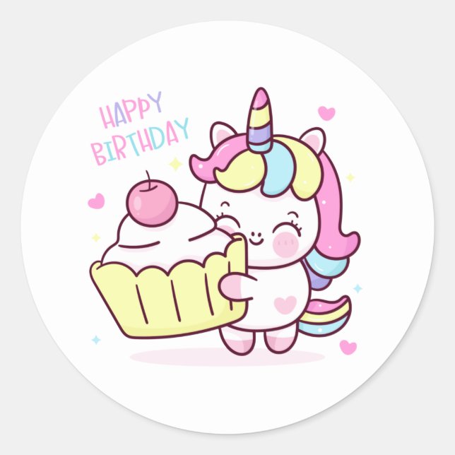 Cute Unicorn Happy Birthday Cake Classic Round Sticker (Front)