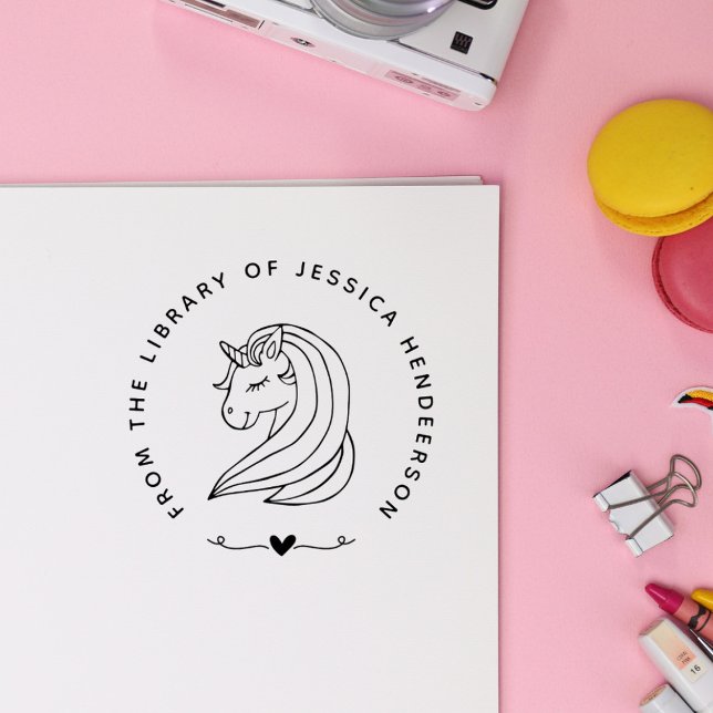 Cute Unicorn Heart Custom Name Library Book Rubber Stamp (Creator Uploaded)