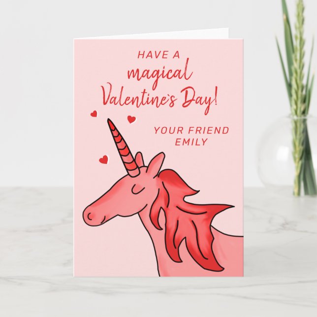 Cute Unicorn Heart Kids Classroom Valentine`s day Holiday Card (Front)