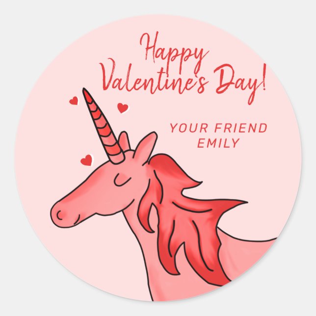 Cute Unicorn Heart Kids Valentine`s day  Classic Round Sticker (Front)