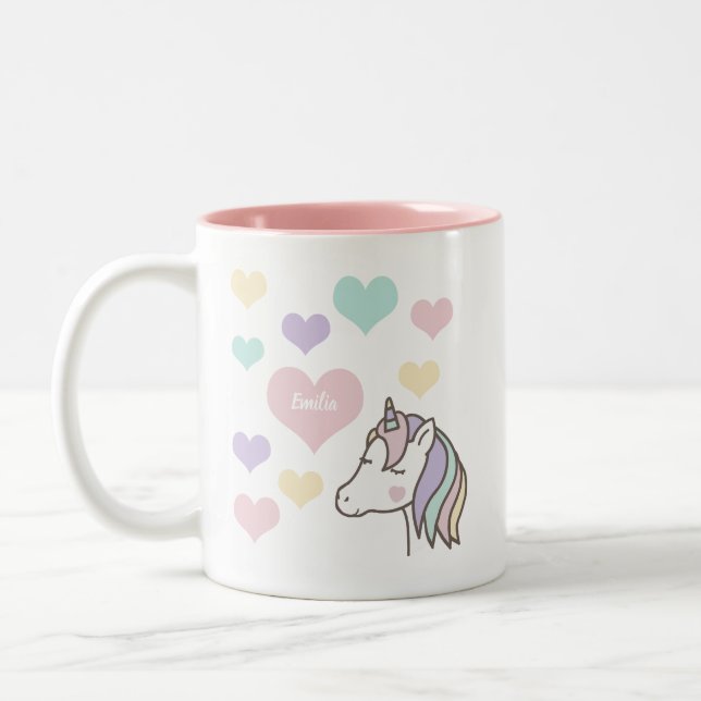 Cute Unicorn Hearts Two-Tone Coffee Mug (Left)