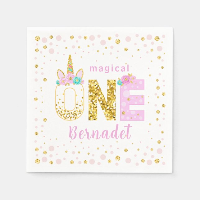Cute Unicorn Horn 1st Birthday Gold Glitter Napkin (Front)