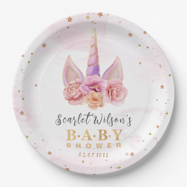 Cute Unicorn Horn Baby Shower Gold Glitter Paper Plate (Front)