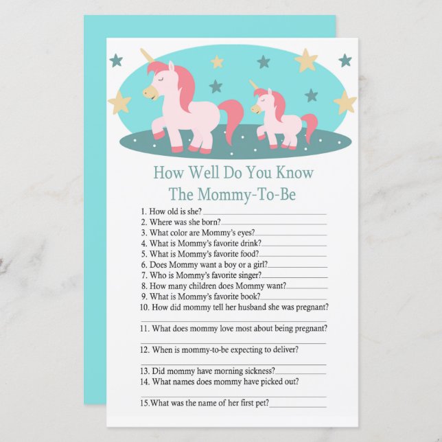 Cute Unicorn how well do you know baby shower game (Front/Back)