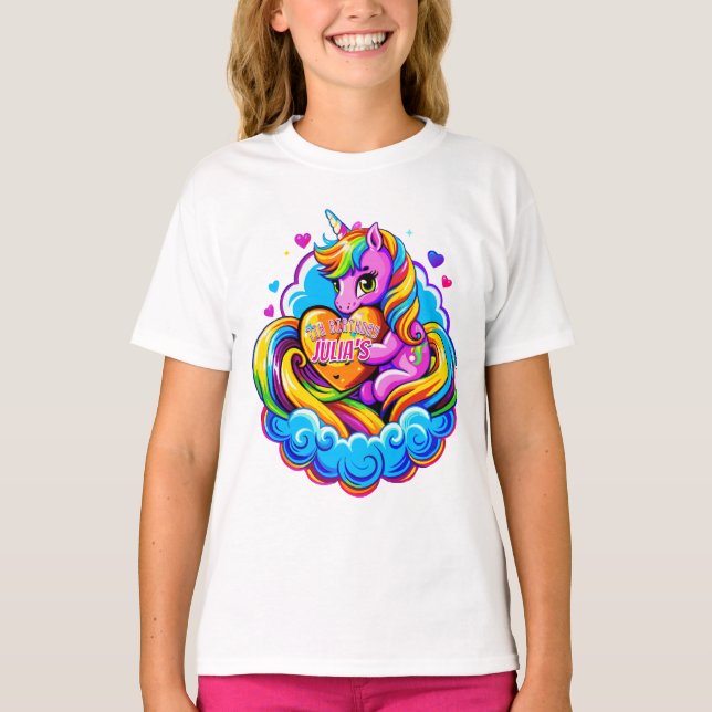 Cute Unicorn Hugging a Heart Pillow, Birthday gift T-Shirt (Front)