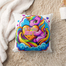 Cute Unicorn Hugging a Heart Pillow on a Cloud