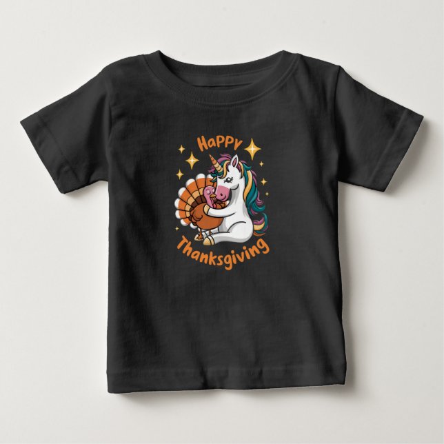 Cute Unicorn Hugs Turkey Happy Thanksgiving Girls  Baby T-Shirt (Front)