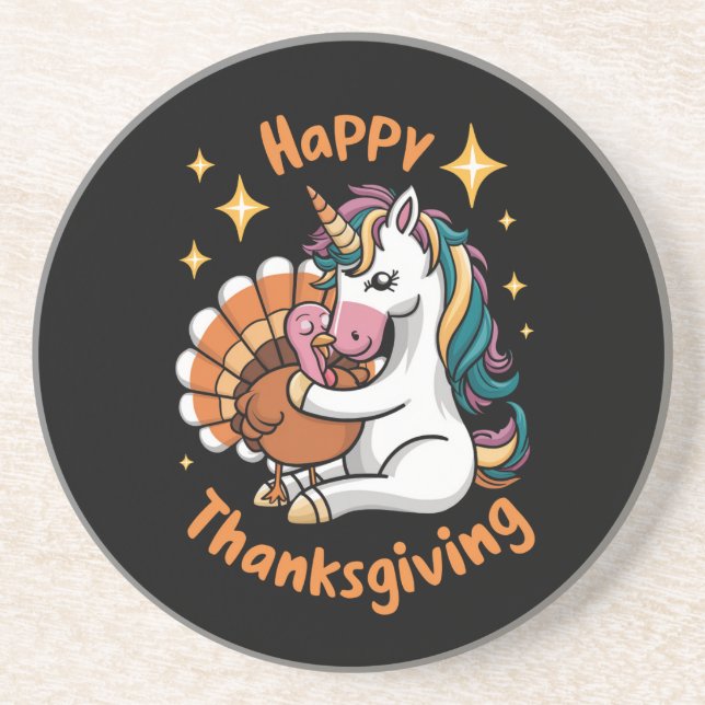 Cute Unicorn Hugs Turkey Happy Thanksgiving Girls  Coaster (Front)