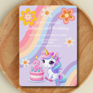 Cute Unicorn in a Retro Rainbow 2nd Birthday  Invitation