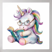 Cute Unicorn in Eyeglasses Reading a Book