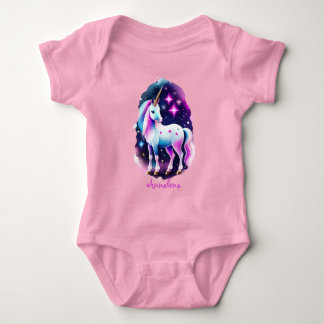 cute unicorn in front of a sparkling starry sky baby bodysuit