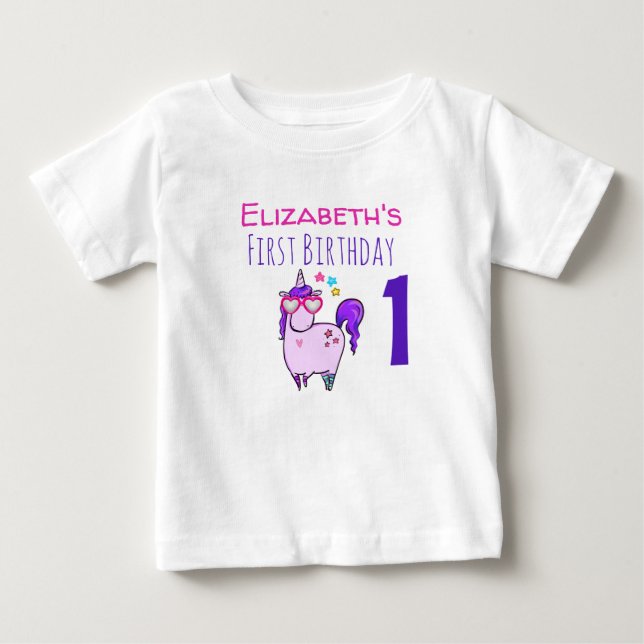 Cute Unicorn in Heart Shaped Glasses 1st Birthday Baby T-Shirt (Front)