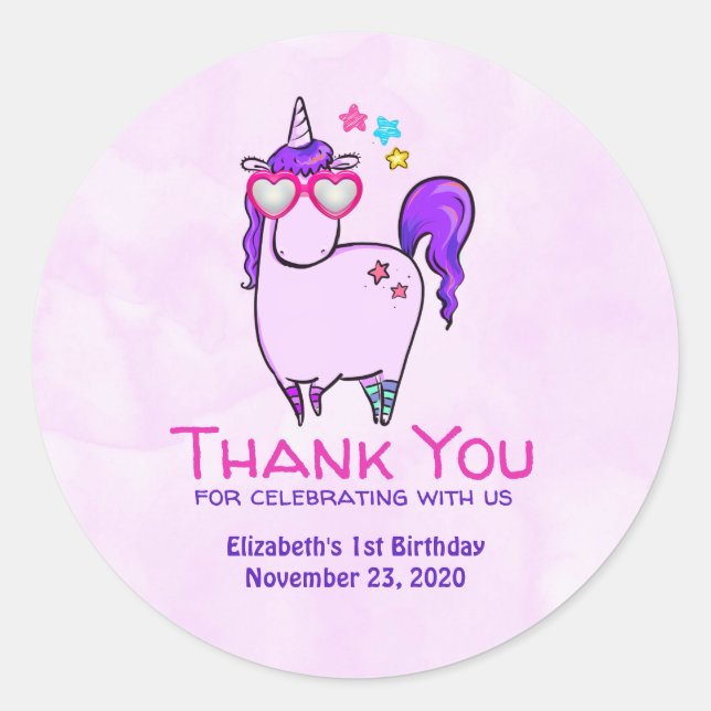 Cute Unicorn in Heart Shaped Glasses Birthday Classic Round Sticker (Front)