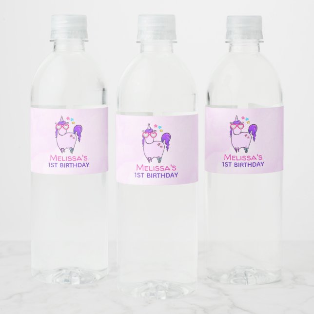 Cute Unicorn in Heart Shaped Glasses Birthday Water Bottle Label (Bottles)