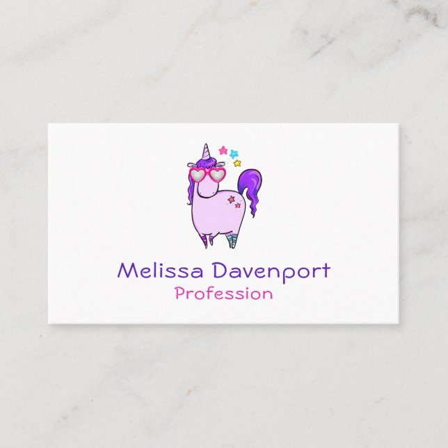Cute Unicorn in Heart Shaped Glasses Business Card (Front)
