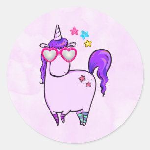 Cute Unicorn in Heart Shaped Glasses Classic Round Sticker