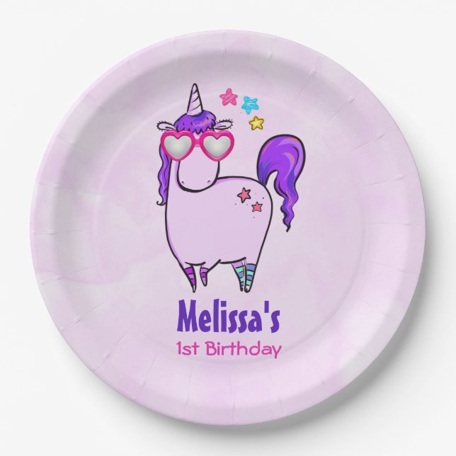 Cute Unicorn in Heart Shaped Glasses Paper Plate (Front)