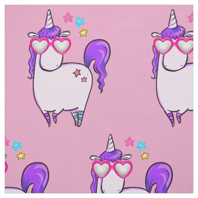 Cute Unicorn in Heart Shaped Glasses Pattern Fabric (Swatch)