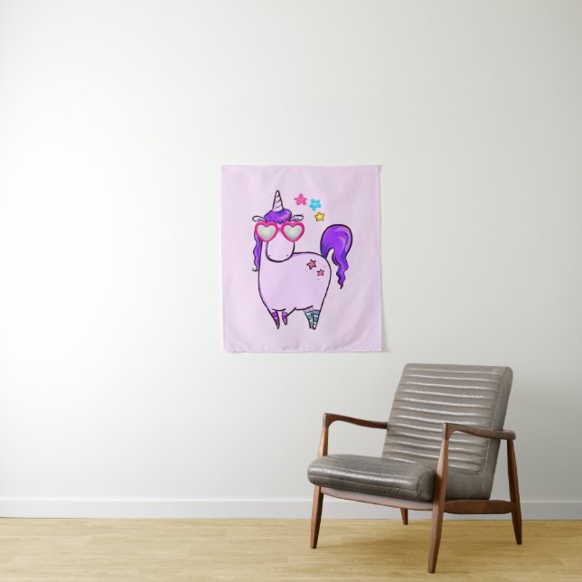 Cute Unicorn in Heart Shaped Glasses Tapestry (In Situ)