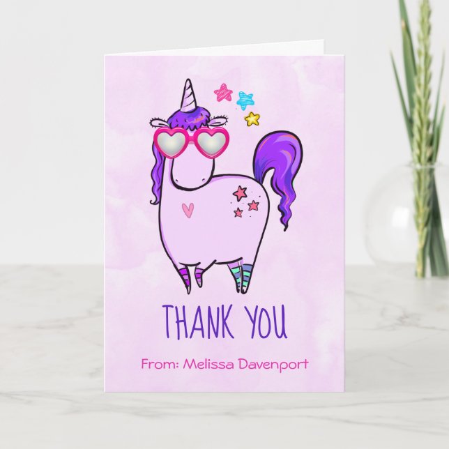 Cute Unicorn in Heart Shaped Glasses Thank You Card (Front)
