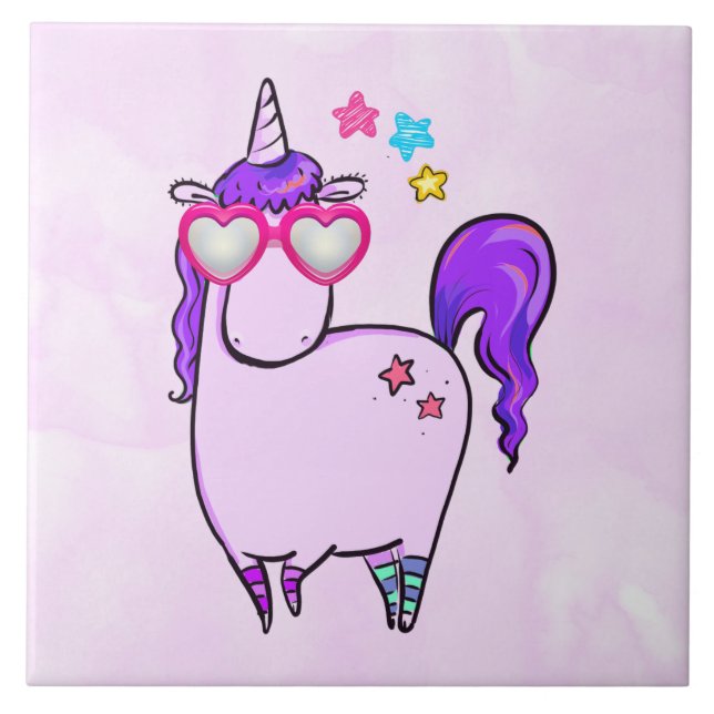 Cute Unicorn in Heart Shaped Glasses Tile (Front)