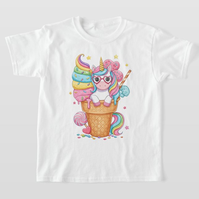 Cute Unicorn in Ice Cream Cone Illustration T-Shirt (Laydown)