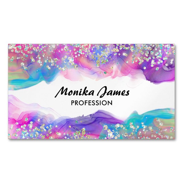 Cute Unicorn Ink Holographic Faux Glitter Monogram Magnetic Business Card (Front)