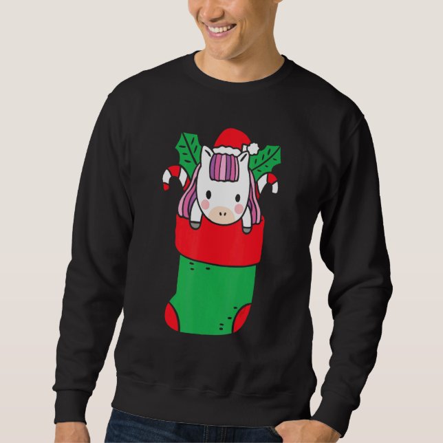 Cute Unicorn Inside Christmas Sock With Candy Cane Sweatshirt (Front)