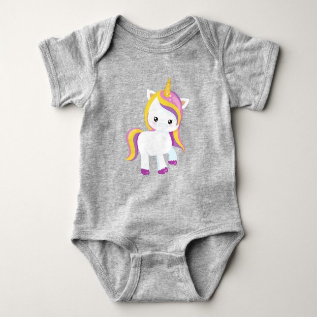 Cute Unicorn, Kawaii Unicorn, Little Unicorn Baby Bodysuit (Front)